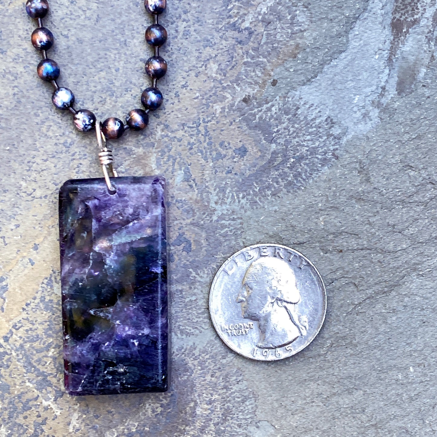 Men’s Fluorite Gemstone Pendant Hand Wrapped w/ Sterling Silver on Patina Copper Chain