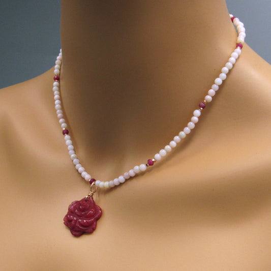 Red Agate Gemstone Flower w/ Pink Opals and Rubies and 14 kt Rose GF Necklace
