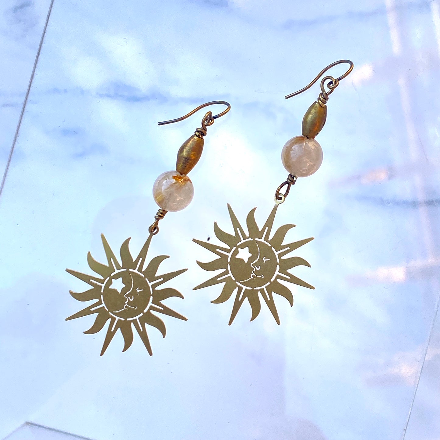 Rutile Quartz and Brass Moon and Sun earrings