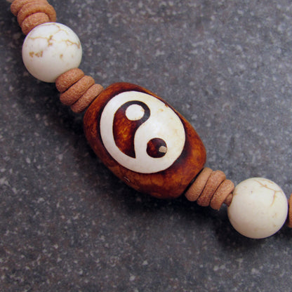 Tibetan Agate Gemstone Yin Yang with White Turquoise on natural Leather