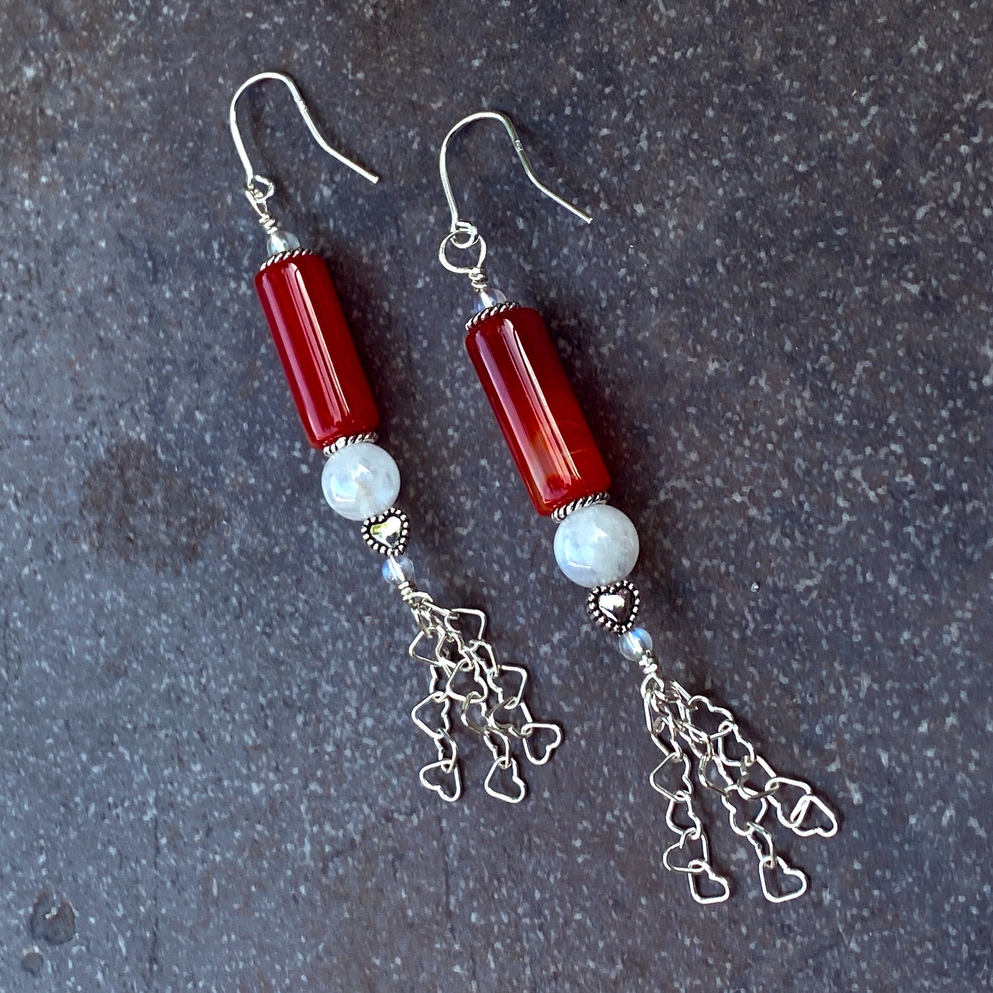 Red Agate Gemstone, Moonstones, Sterling Silver Drop Earrings