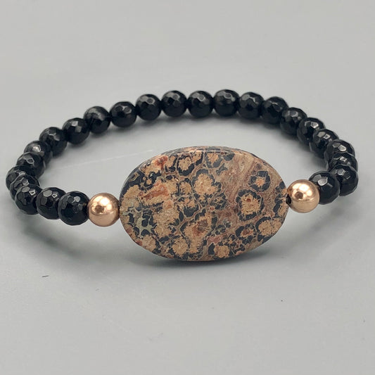 Leopard Print Jasper Gemstone , Faceted Black Onyx, and 14 Kt Gf Women’s Stretch Bracelet