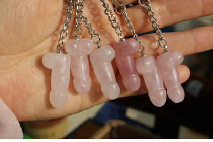 Natural Rose Quartz Crystal Penis Keychain