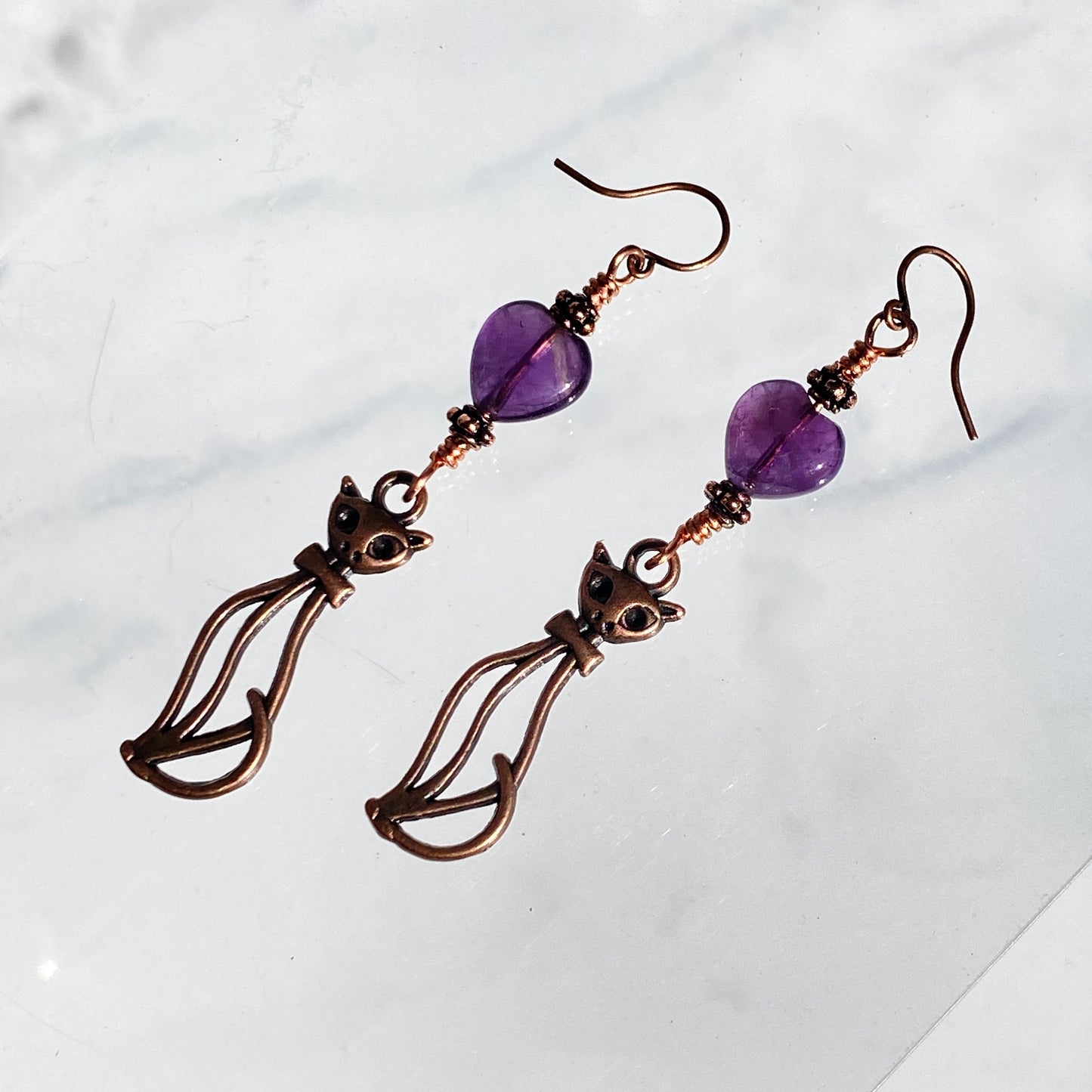 Amethyst gemstone Heart and Copper Kitty Drop Earrings