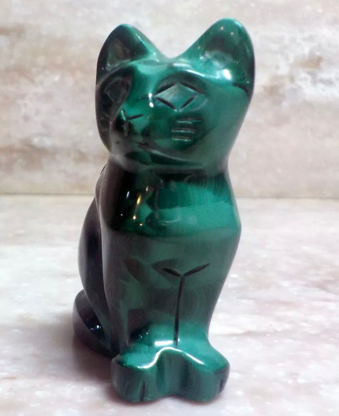 Natural Malachite gemstone carved Kitty Cat