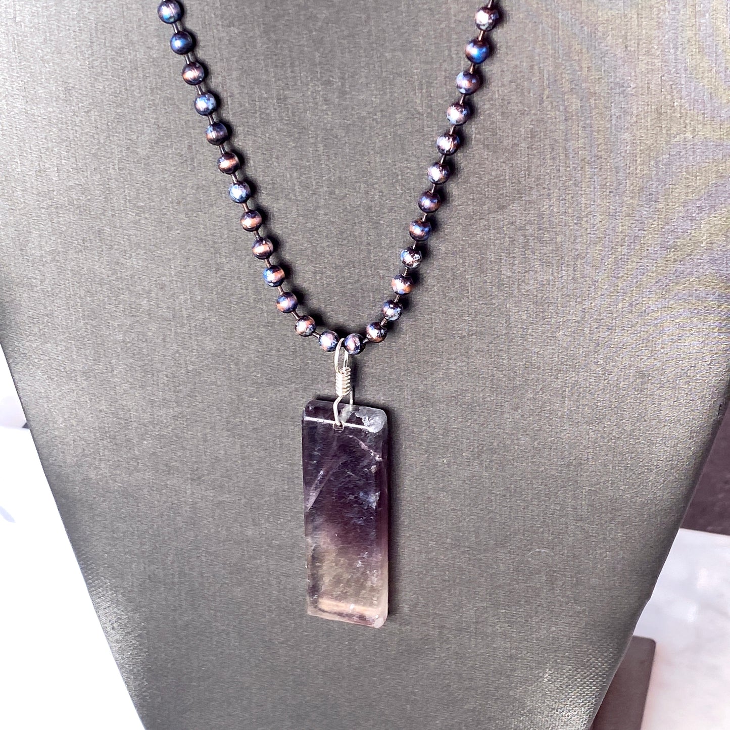 Men’s Sterling Silver Hand Wrapped Fluorite in Hand Patina Painted Copper Chain