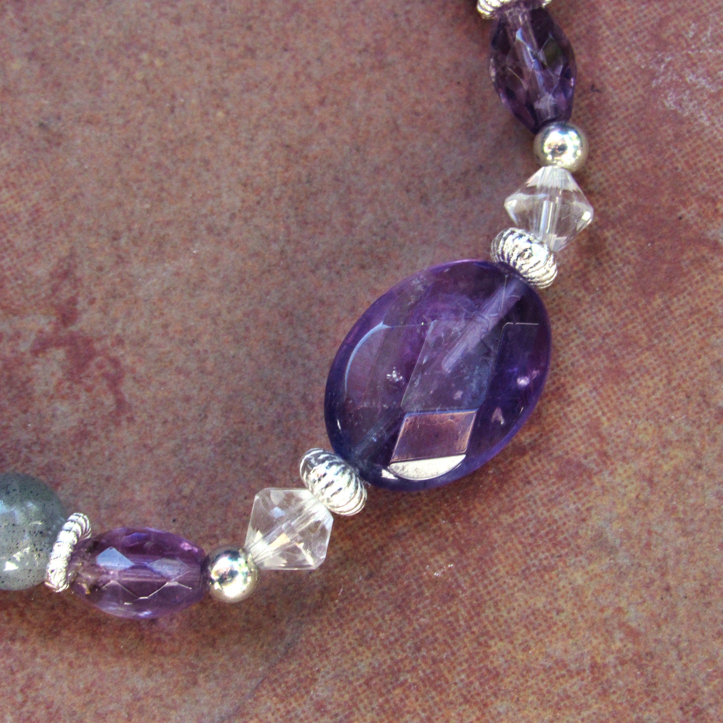 Amethyst Gemstones and Labradorite Heart, Clear Quartz,  Stretch Bracelet w/ Sterling Silver