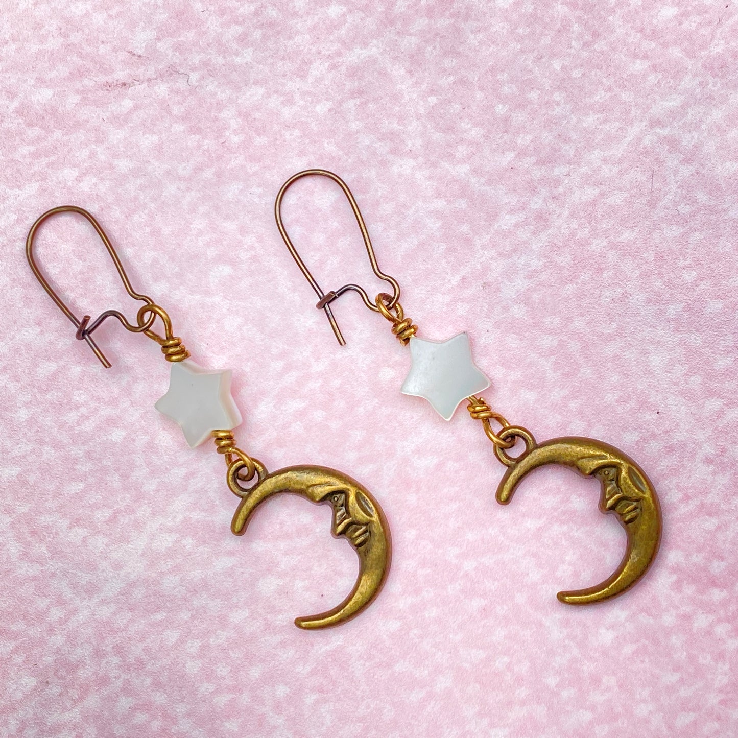 Mother of Pearl Stars with brass crescent Moon face Earrings