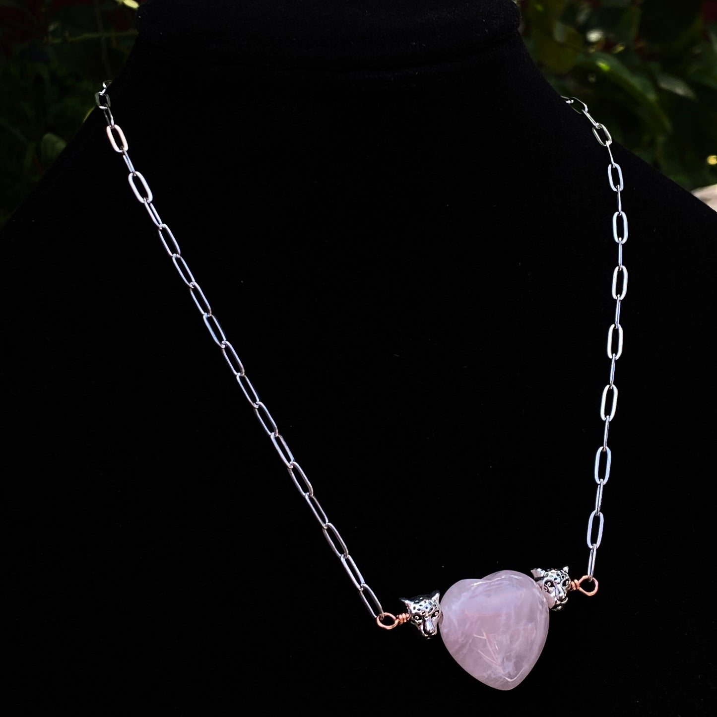 Rose Quartz gemstone Heart and Leopard head Necklace