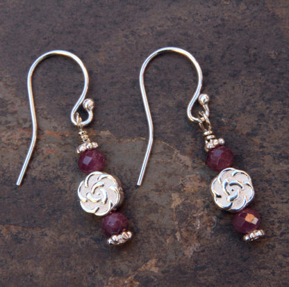 Genuine Ruby gemstones and Sterling Silver flower Earrings