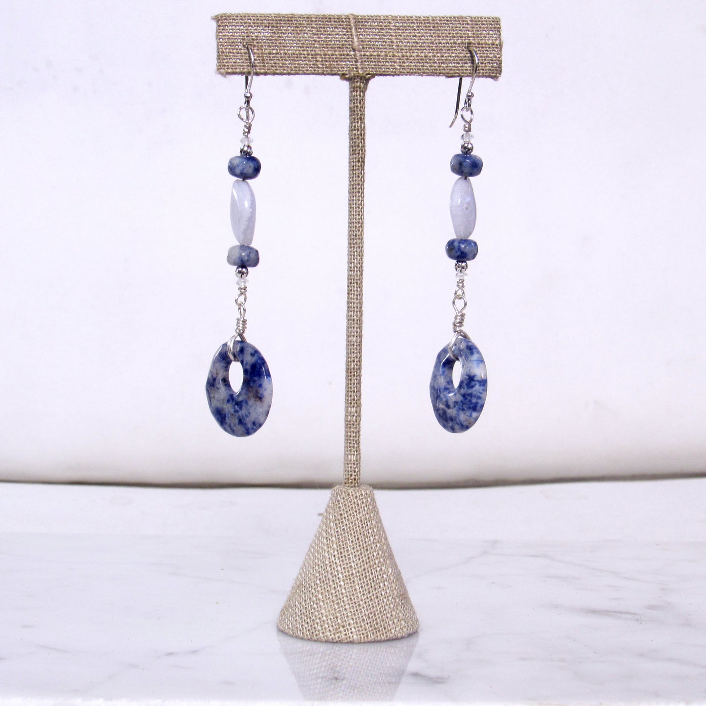 Sodalite gemstone, Blue Lace Agate, White topaz, and Sterling Silver Drop Earrings