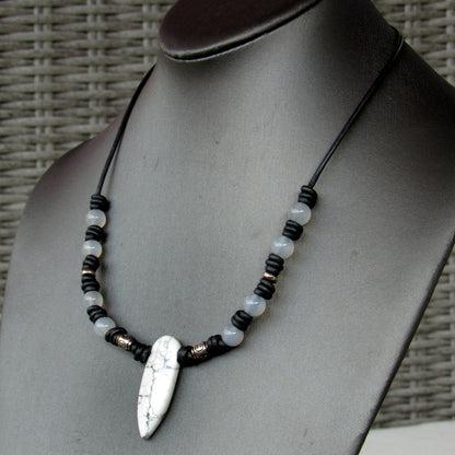 Howlite, White Agate gemstone with Sterling Silver Leather Necklace