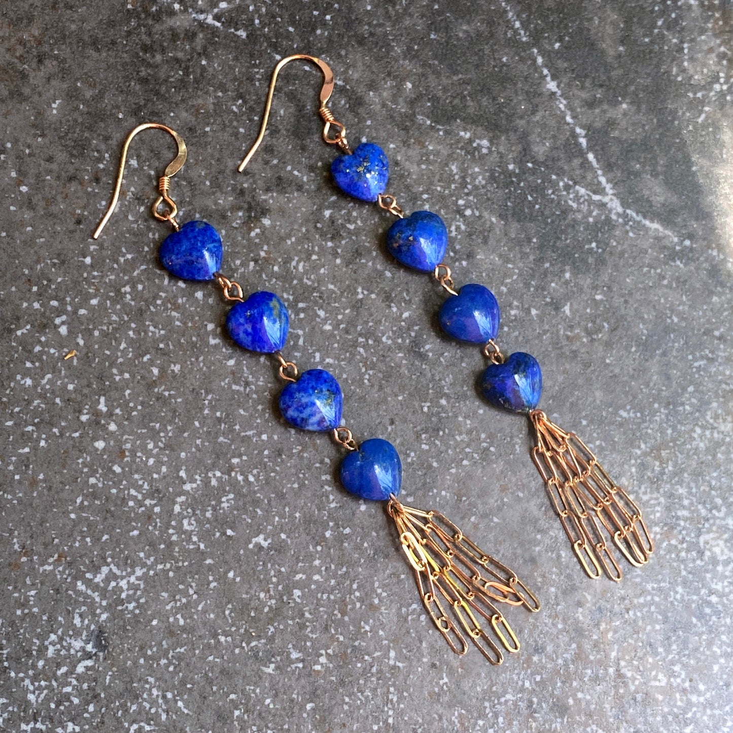 Lapis lazuli gemstone hearts and 14 kt rose GF drop earrings