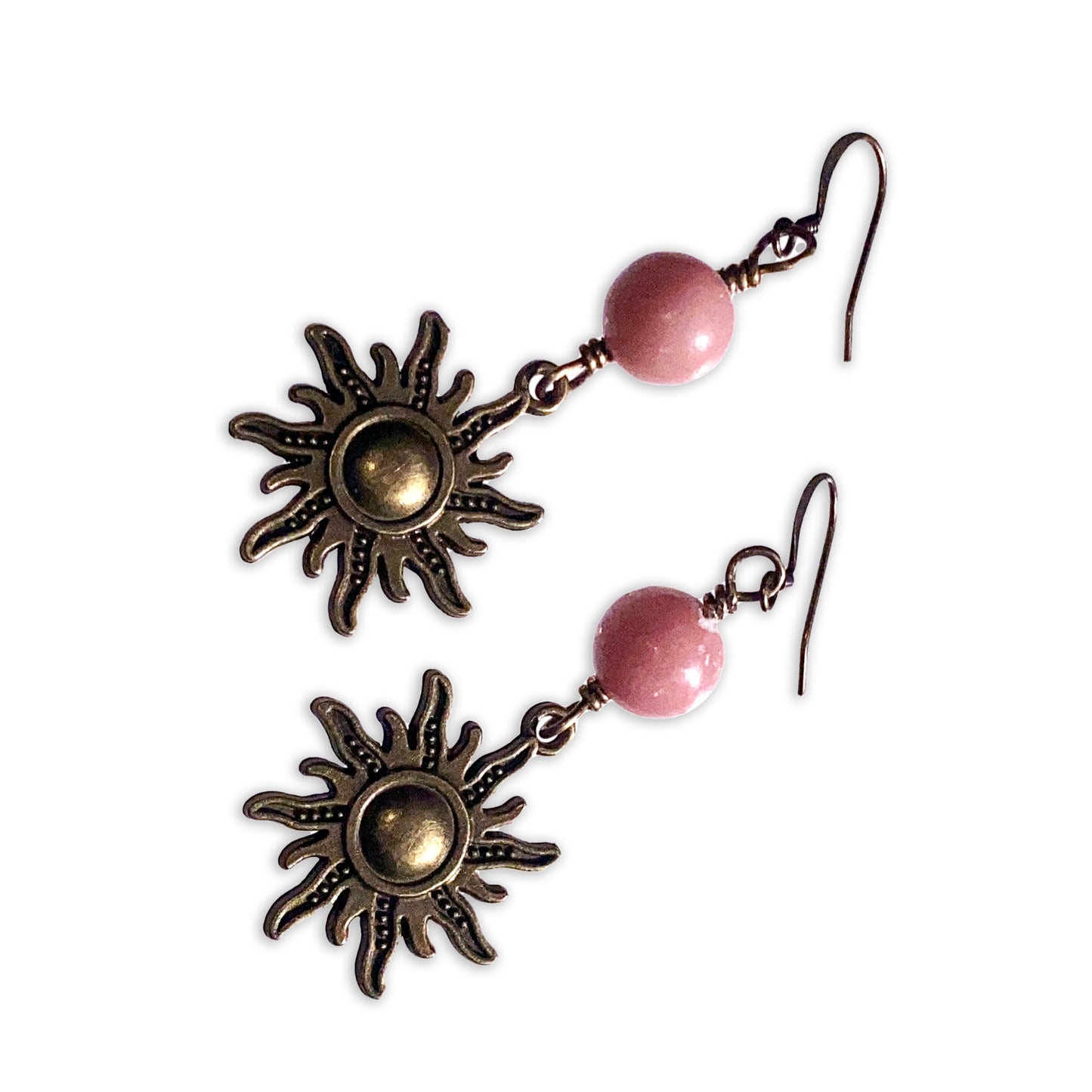 Brass Sun and Rhodonite gemstone Dangle Earrings