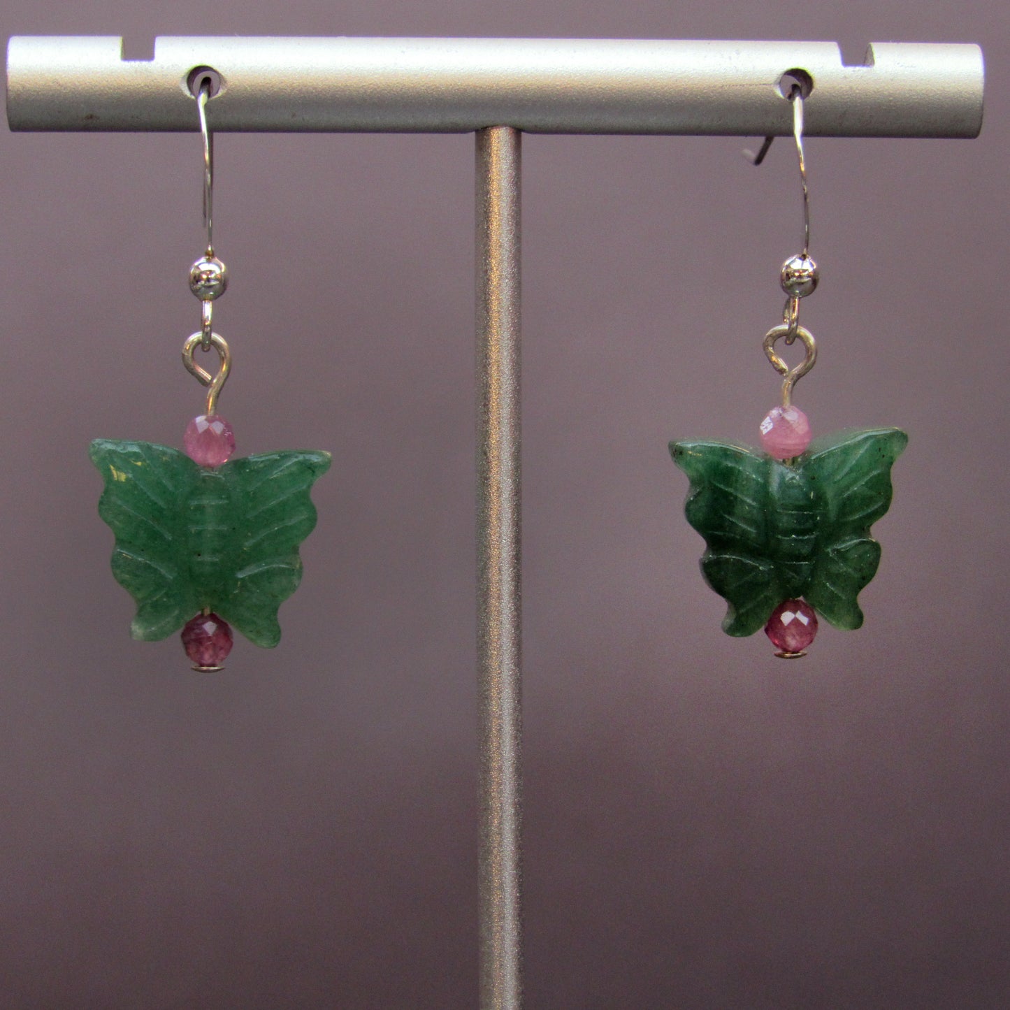Green Aventurine butterflies, pink tourmaline, sterling silver drop earrings
