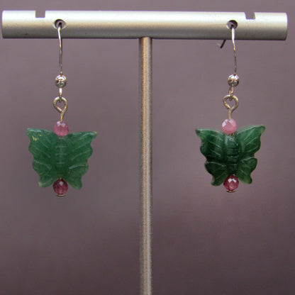 Green Aventurine butterflies, pink tourmaline, sterling silver drop earrings