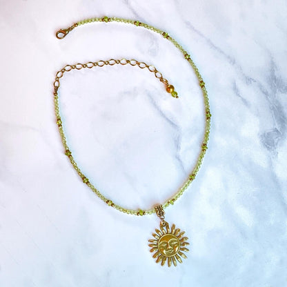 Peridot gemstone beaded necklace with brass Sun pendant necklace