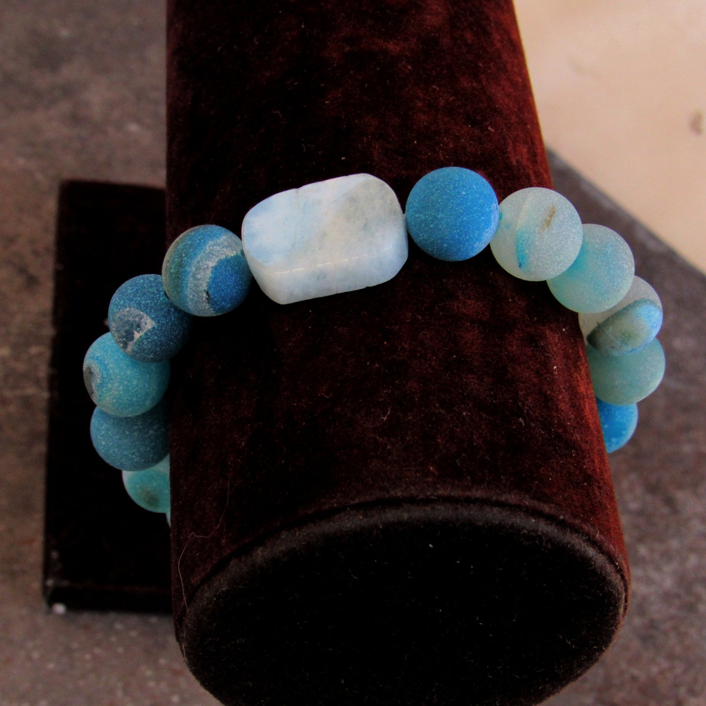 Blue Agates, Aquamarine gemstone, and mother of Pearl Evil Eye Bracelet