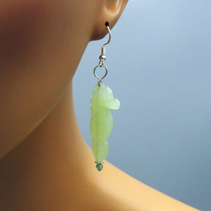 New Jade Gemstone Seahorse and Apatite w/ Sterling Silver Drop Earrings