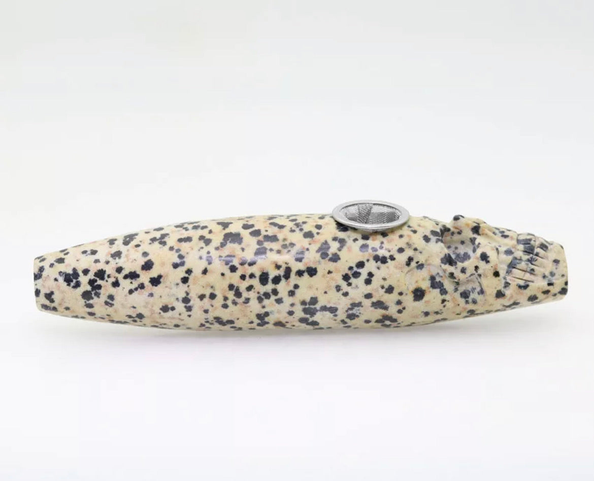 Dalmatian Jasper gemstone carved Skull pipe