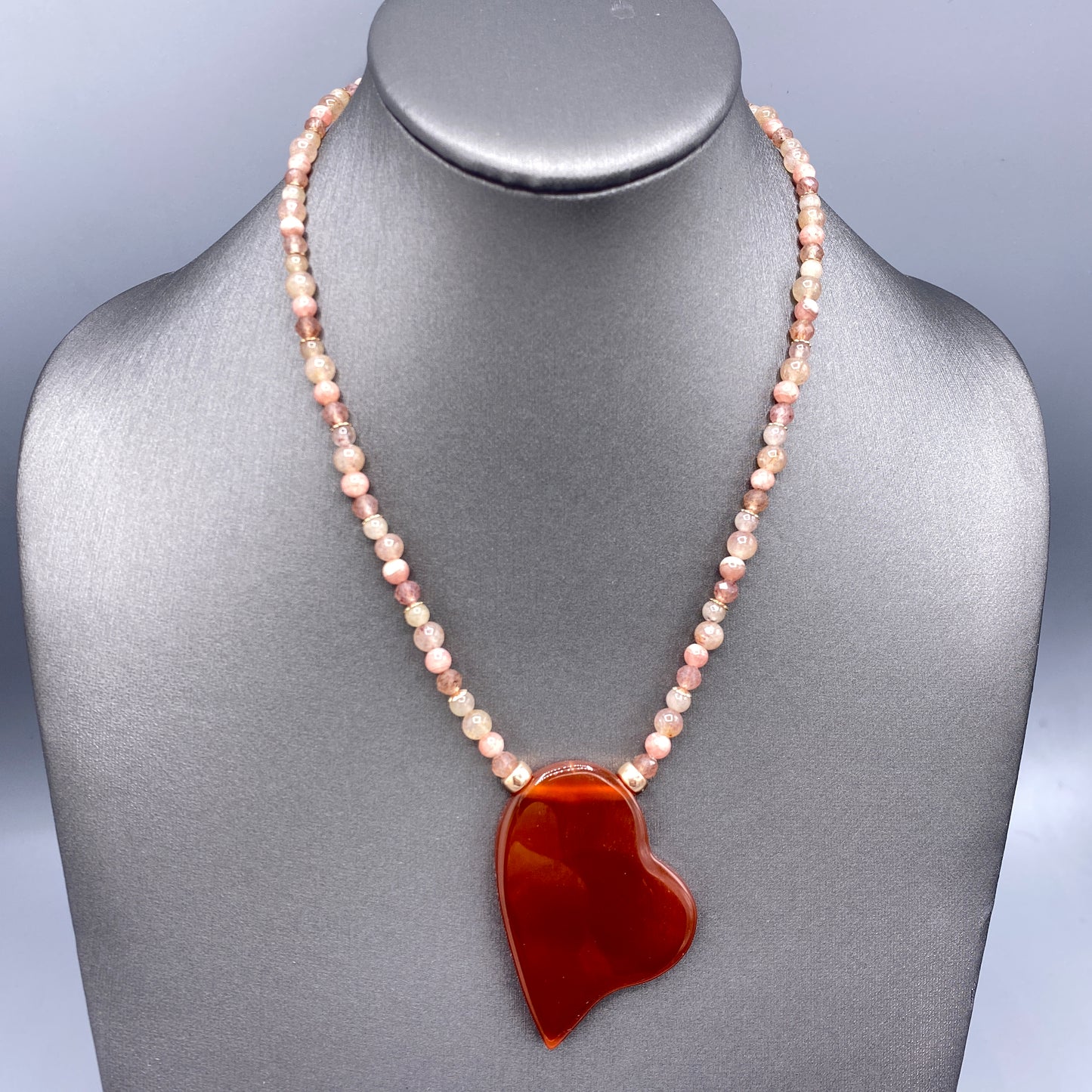 Carnelian Heart, Rhodochrosite, Lepidolite, and 14 Kt Rose Gf Necklace