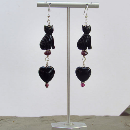 Onyx gemstone Cats and Hearts,  Garnets & Sterling Silver Earrings