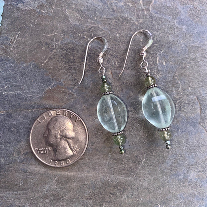 Fluorite, sterling silver, green apatite, and tiny fresh water pearl pearl drop earrings