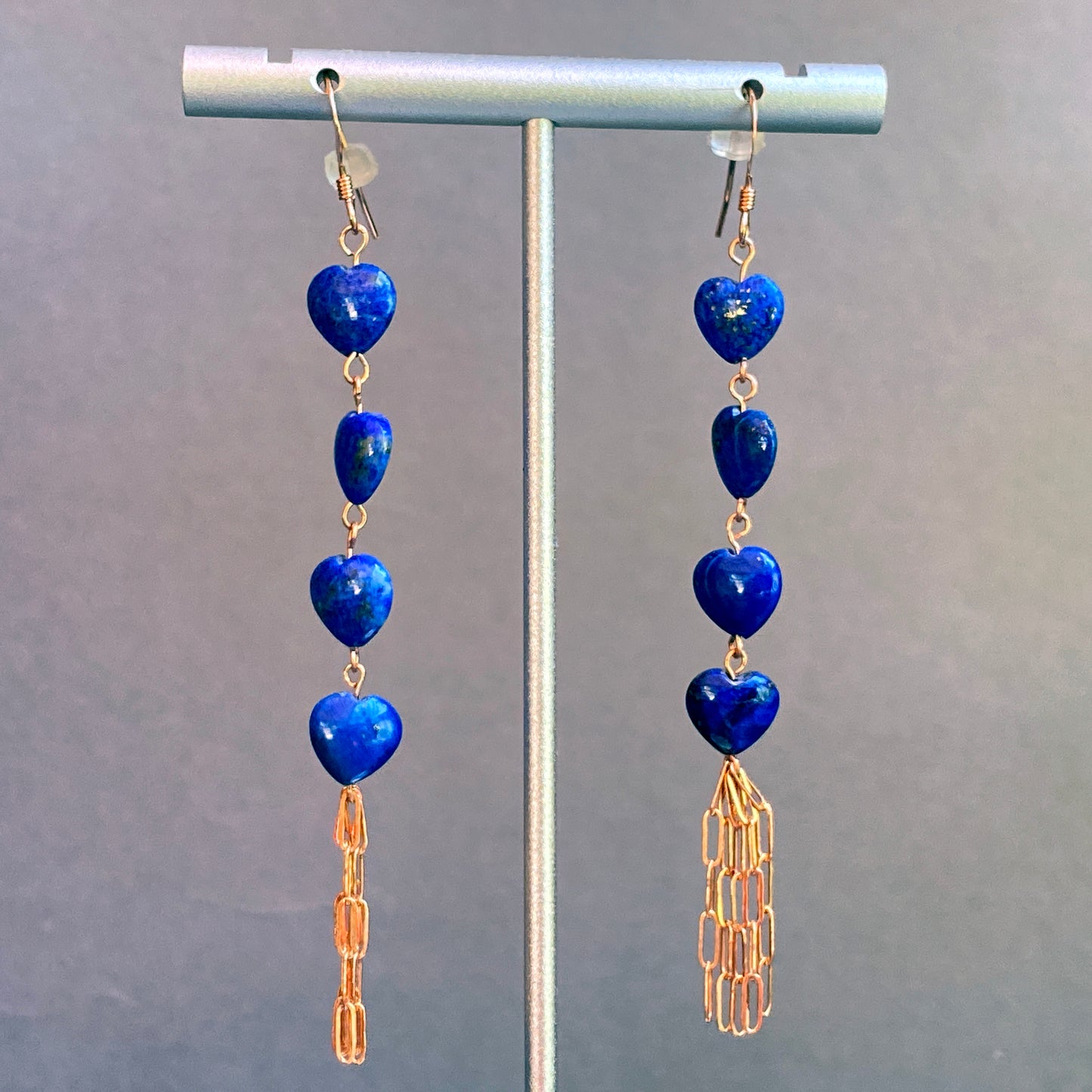 Lapis lazuli gemstone hearts and 14 kt rose GF drop earrings