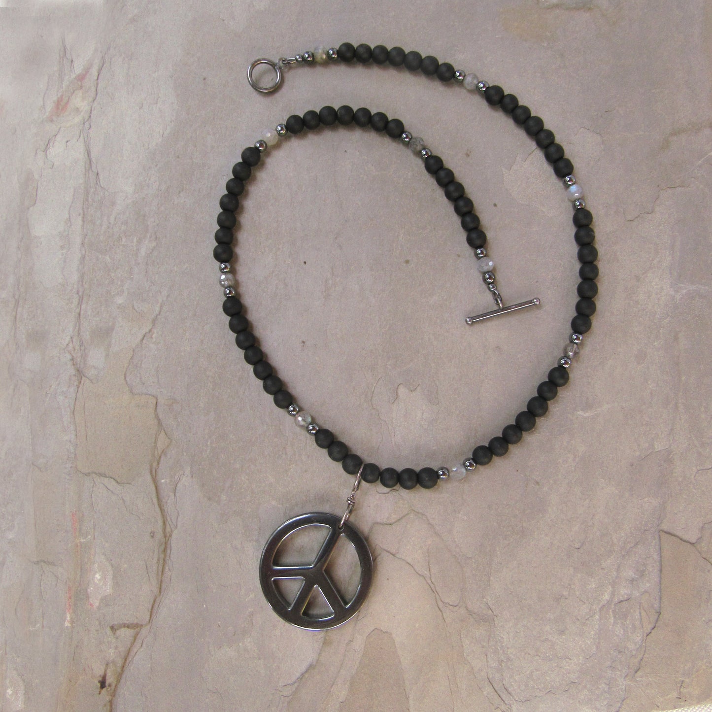 Hematite Peace Sign, Labradorite, Matte Onyx and Oxidized Sterling Silver Necklace