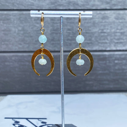 Aquamarine gemstone and brass Moon Earrings