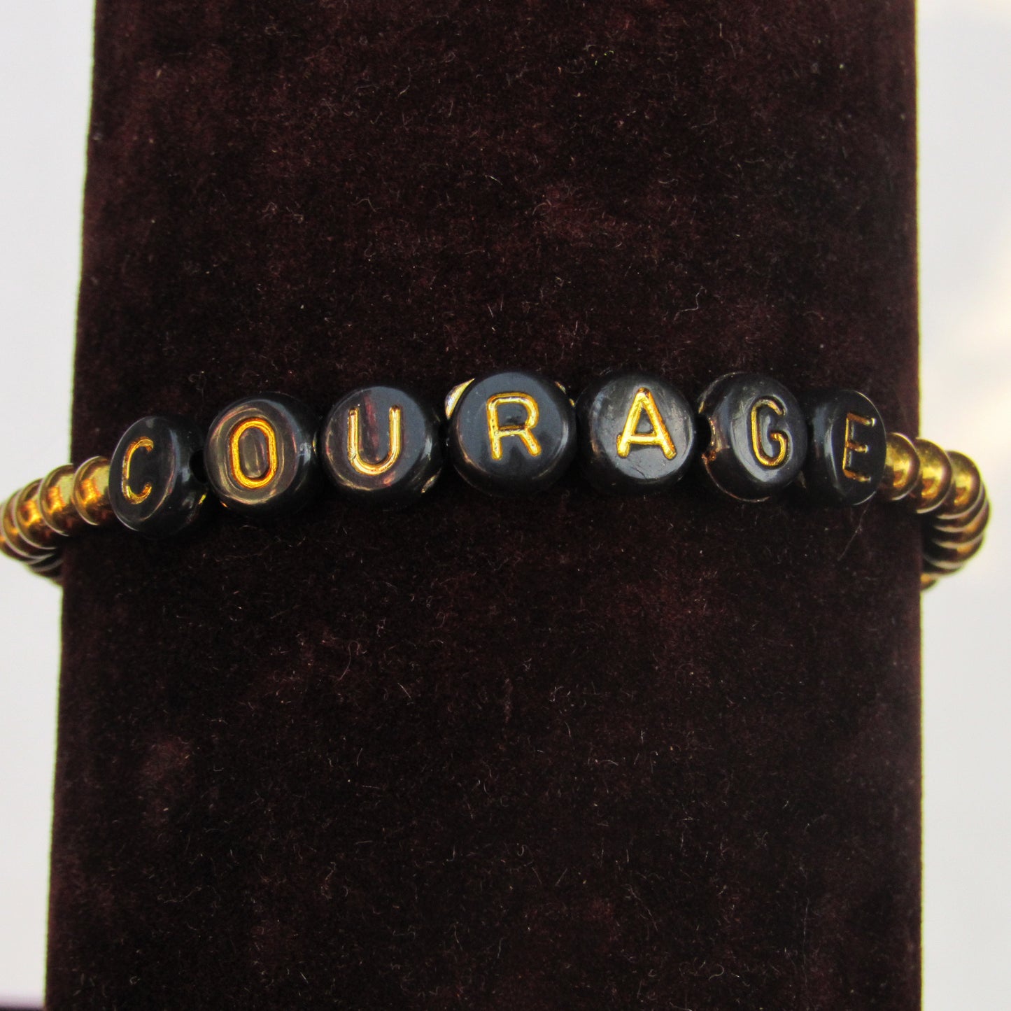 Gold Hematite and Onyx gemstone Heart "COURAGE" bracelet