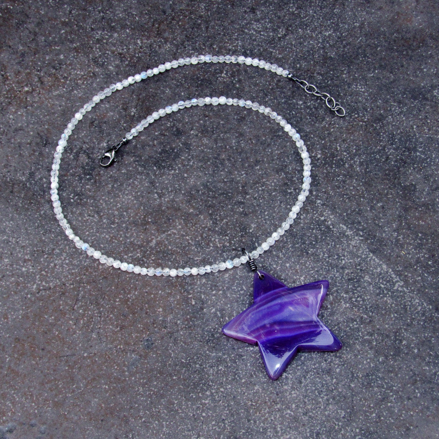 Purple Onyx Agate Star on Moonstone Beaded Necklace with Oxidized Sterling Silver