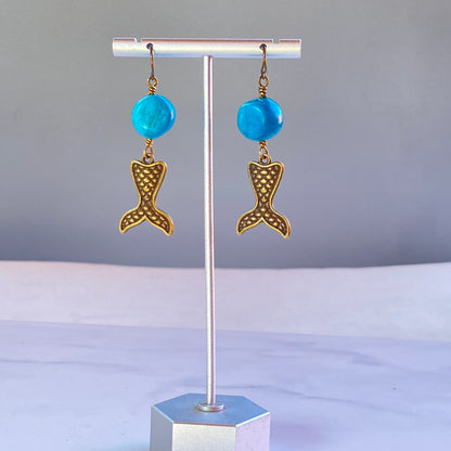 Mermaid and Turquoise gemstone Dangle Drop Mermaid Tail Earrings