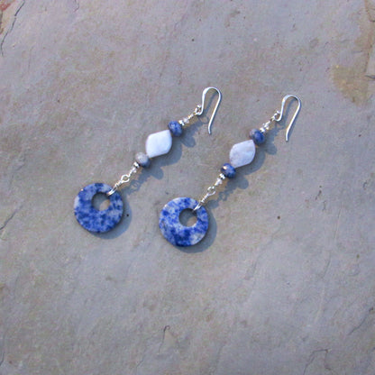 Sodalite gemstone, Blue Lace Agate, White topaz, and Sterling Silver Drop Earrings