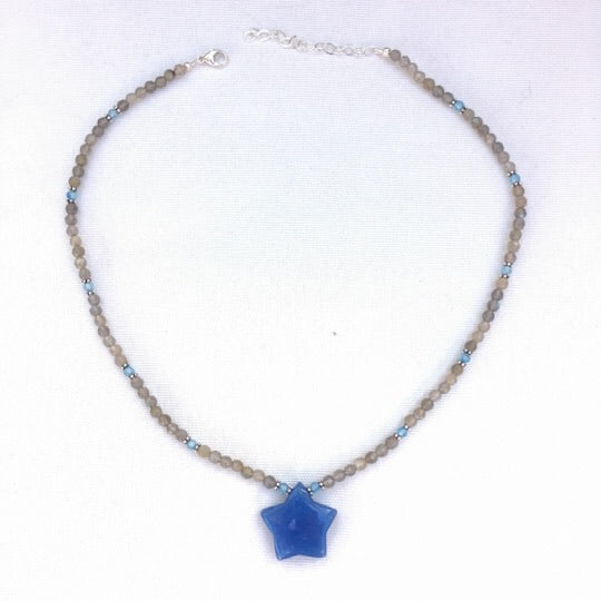 Women’s Blue jade Star, labradorite, blue topaz  & sterling silver Gemstone Pendant Necklace