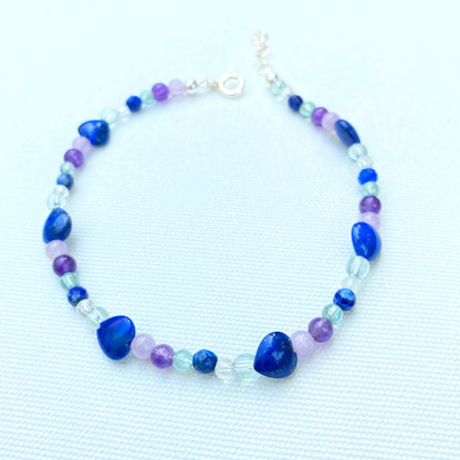 Beautiful Lapis Lazuli heart, clear quartz, fluorite, amethyst, sterling silver anklet