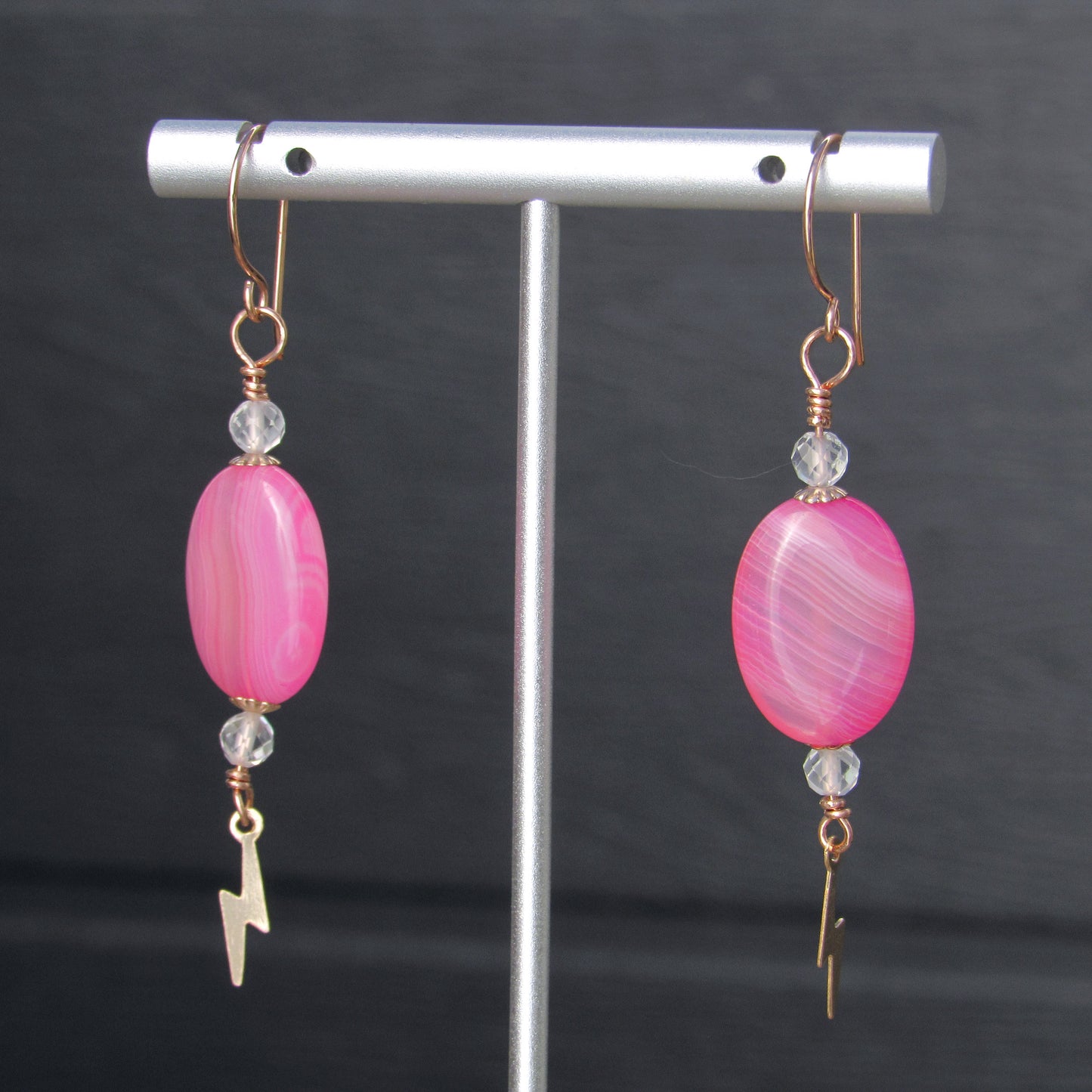 Banded pink Agate Gemstone, White Topaz, w/ 14 kt Rose gold fill