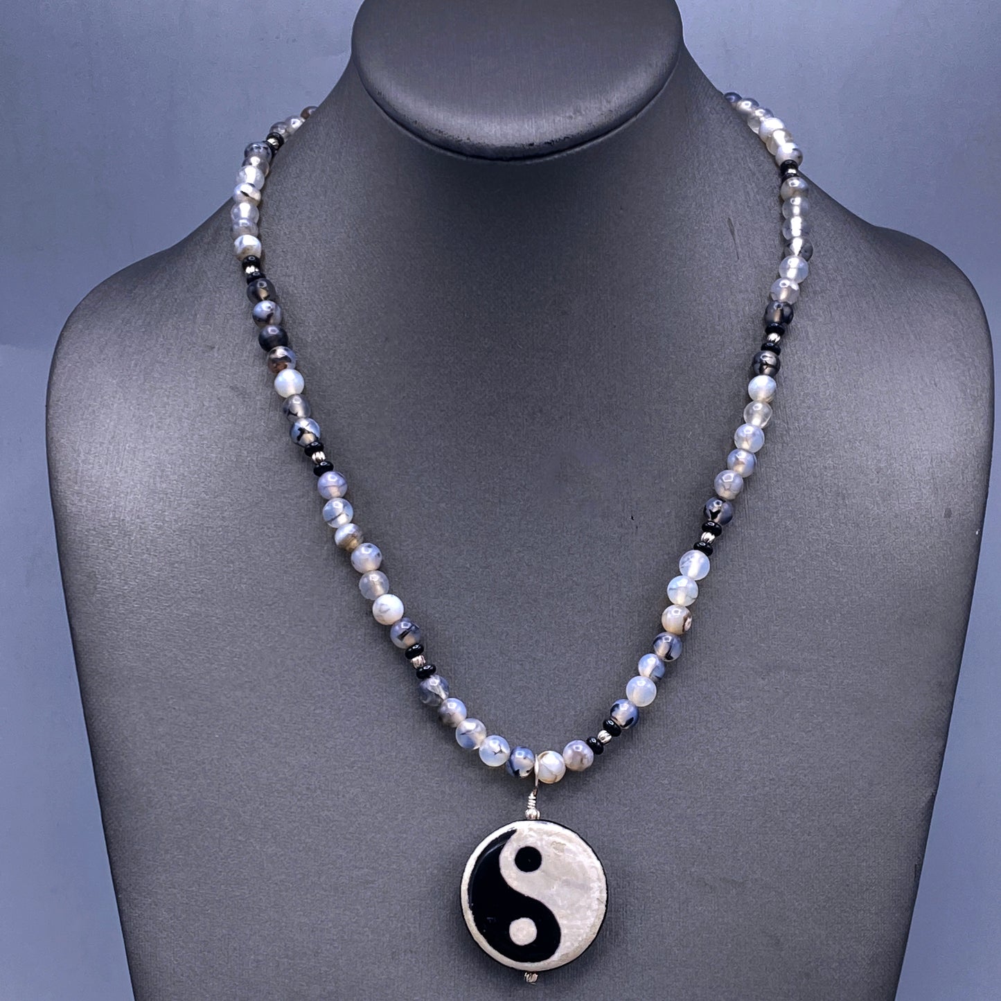 Onyx and Tibetan Agate gemstone Yin Yang Necklace