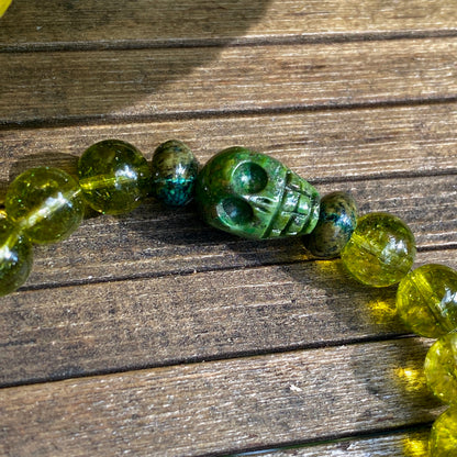 Men’s peridot, green pyrite, green Schiller sheen spar "curse" bracelet
