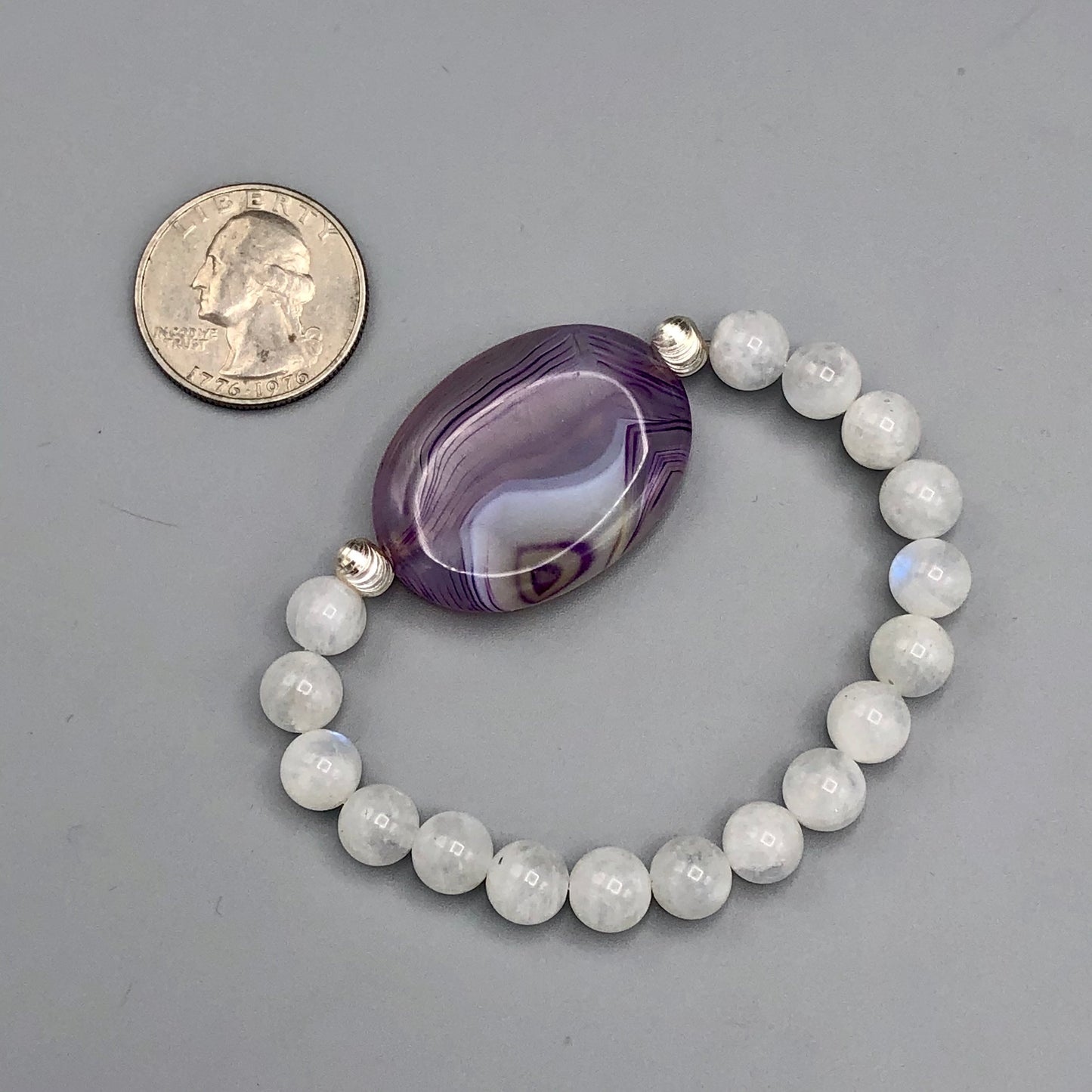 Purple Banded Agate with Moonstones and Sterling Silver Women’s Chunky Stretch Bracelet