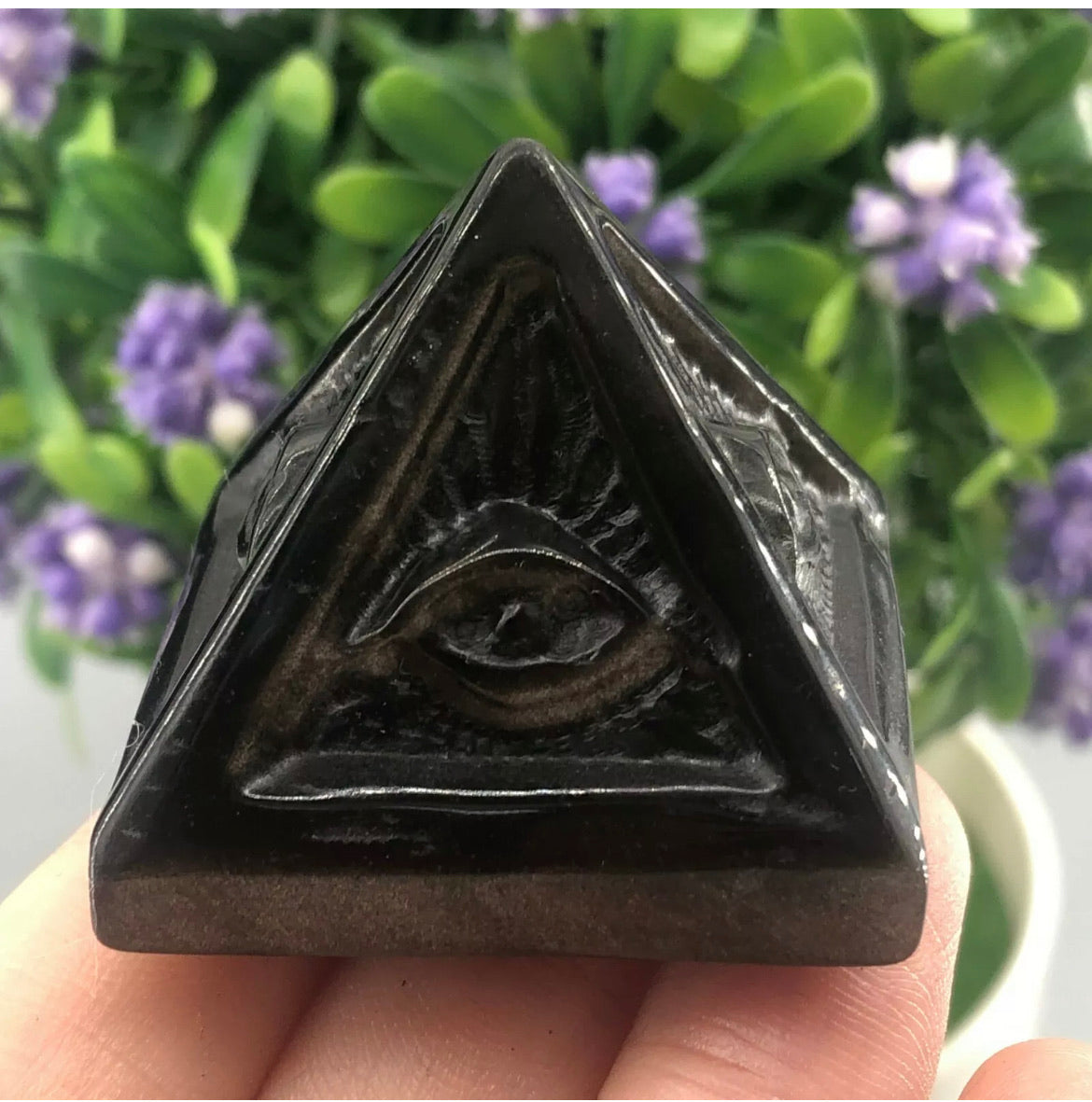 Natural Silver Obsidian gemstone carved Pyramid Eye of Protection