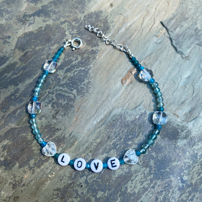 Blue Apatite “LOVE” anklet with Clear Quartz Gemstone heart beads