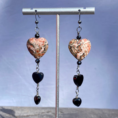 Leopard Print Jasper, Black Spinel, Onyx, Heart, Oxidized Sterling Silver Earrings