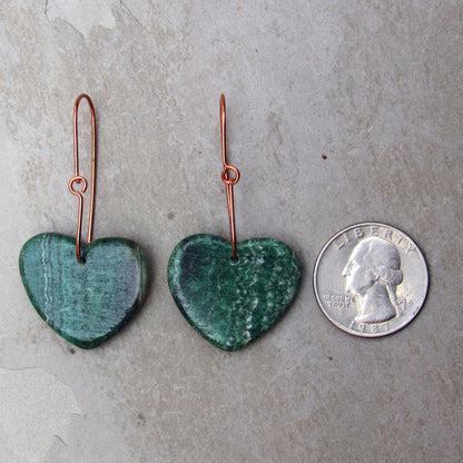 Copper wire with Green Rhodonite Gemstone Hearts earrings