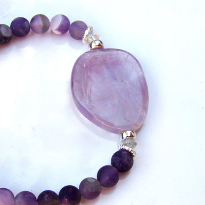 Amethyst Gemstone, Clear Quartz Flower with Accents and Sterling Silver Stretch Bracelet