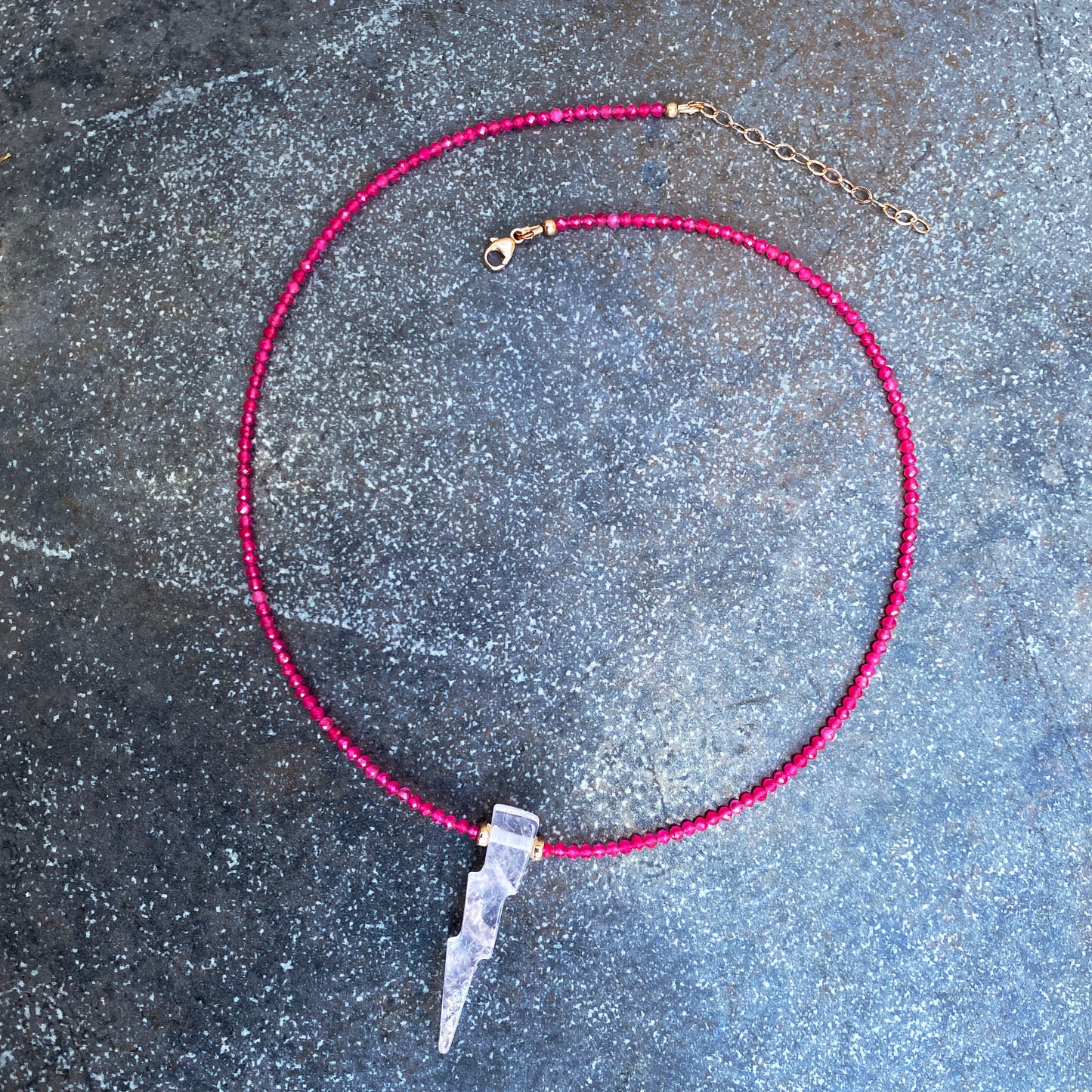 Rose Quartz Lighting Bolt with Hot Pink Jade Gemstone and 14 Kt Rose GF Necklace