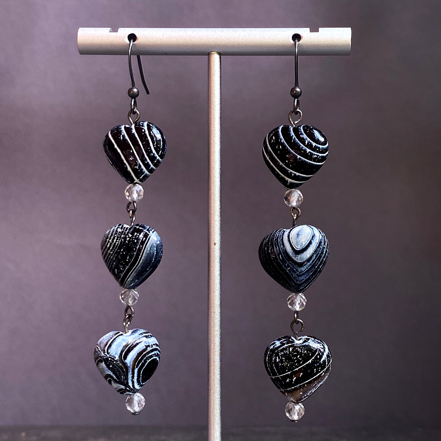 Zebra Fire Agate Heart, White Topaz Gemstones and Oxidized sterling earrings