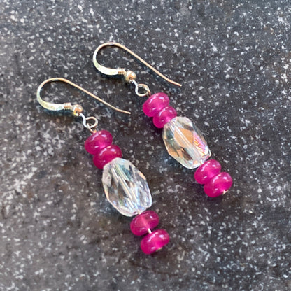 Pink chalcedony gemstone & quartz sterling silver drop earrings