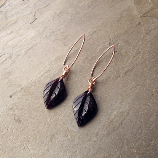 Genuine Garnet Leaf Carved Earrings Hand Wrapped with Silver Vermeil Wire