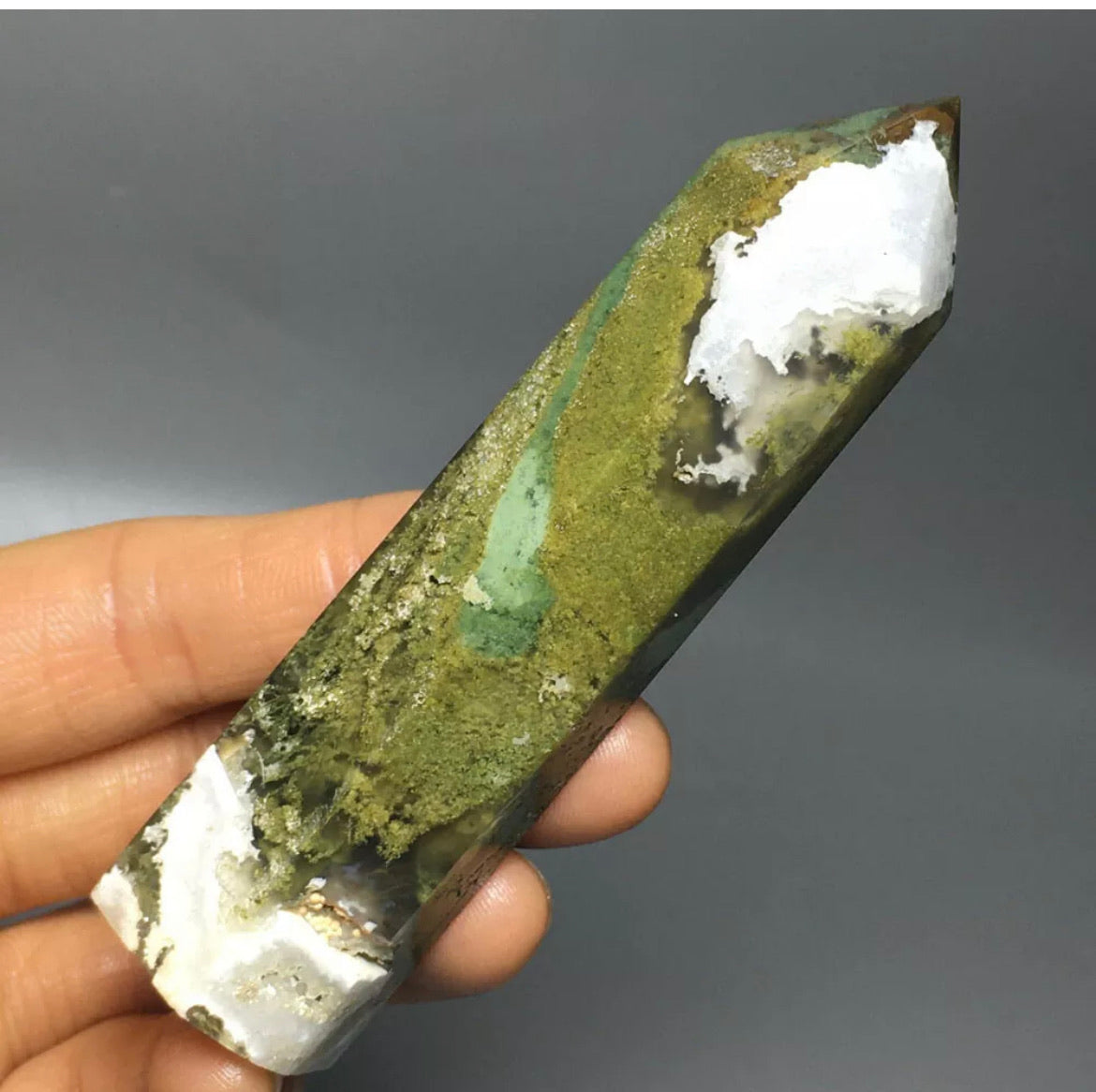 Natural moss agate gemstone Tower point wand